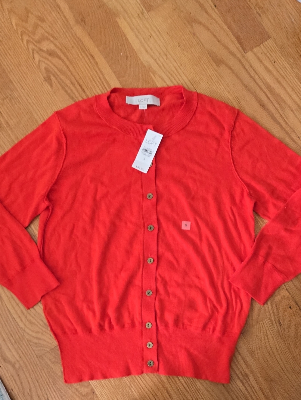 NWT LOFT Coral-Red Button Cardigan